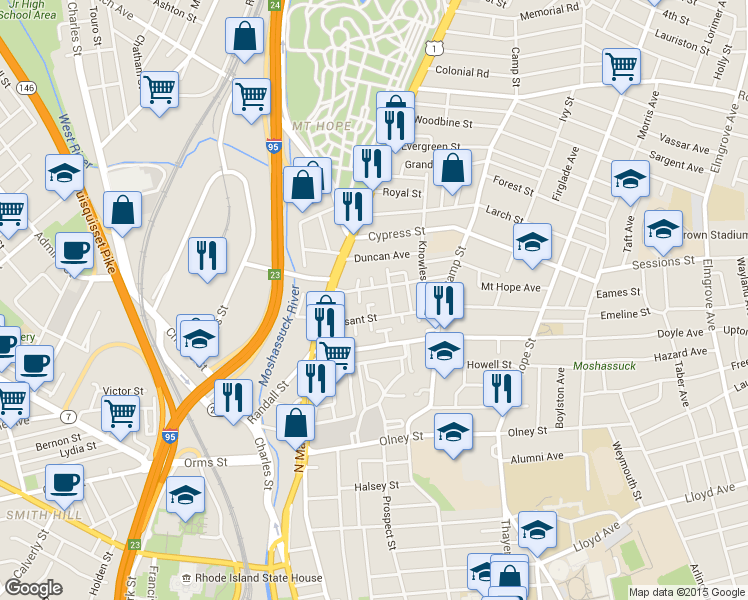 map of restaurants, bars, coffee shops, grocery stores, and more near 44 Pleasant Street in Providence
