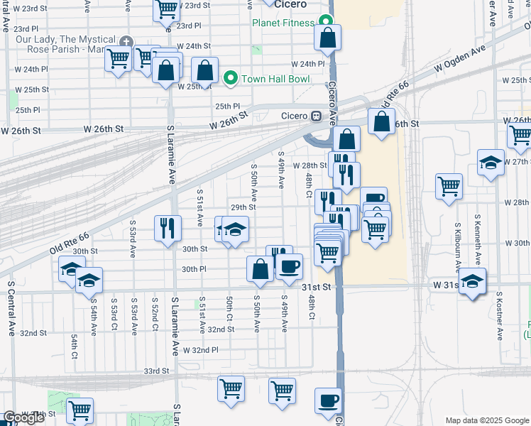 map of restaurants, bars, coffee shops, grocery stores, and more near 4928 West 29th Place in Cicero