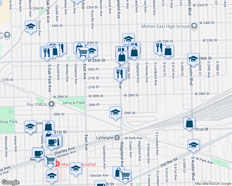 map of restaurants, bars, coffee shops, grocery stores, and more near 6430 28th Street in Berwyn