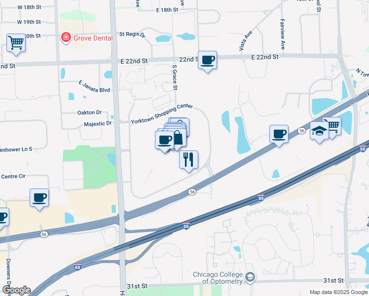 map of restaurants, bars, coffee shops, grocery stores, and more near 203 Yorktown Shopping Center in Lombard