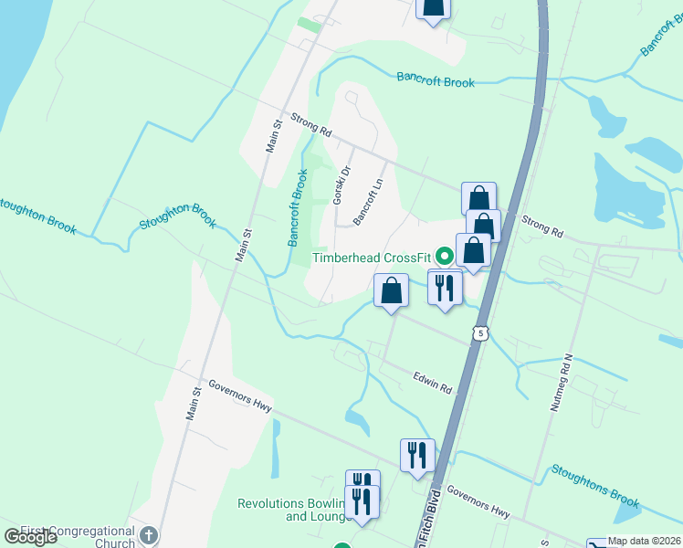 map of restaurants, bars, coffee shops, grocery stores, and more near 127 Gorski Drive in South Windsor