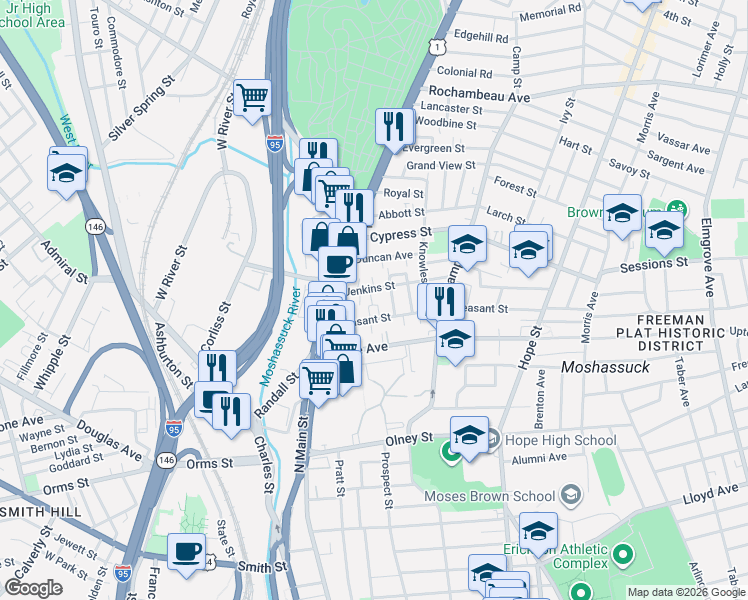 map of restaurants, bars, coffee shops, grocery stores, and more near 44 Pleasant Street in Providence