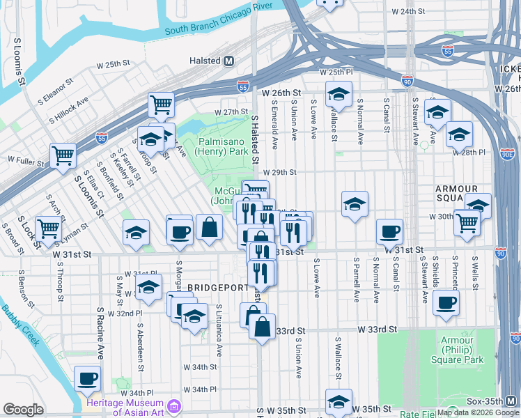 map of restaurants, bars, coffee shops, grocery stores, and more near 3010 South Halsted Street in Chicago