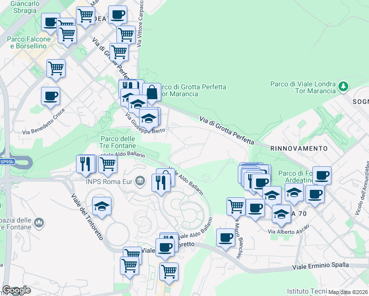 map of restaurants, bars, coffee shops, grocery stores, and more near Viale Aldo Ballarin in Rome