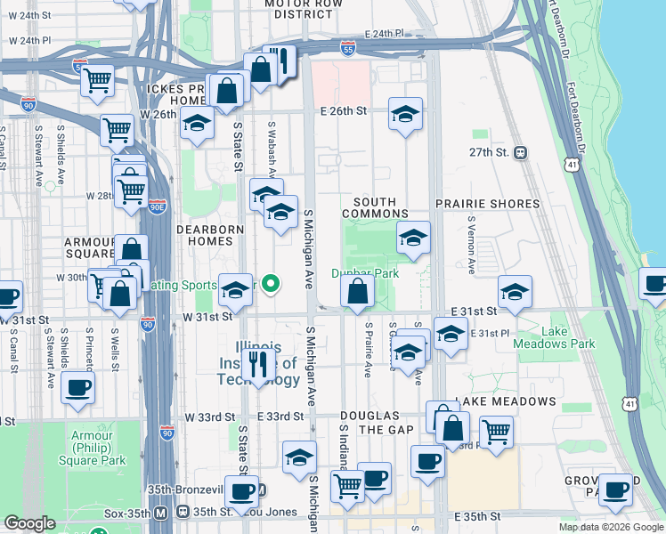 map of restaurants, bars, coffee shops, grocery stores, and more near 3001 South Michigan Avenue in Chicago