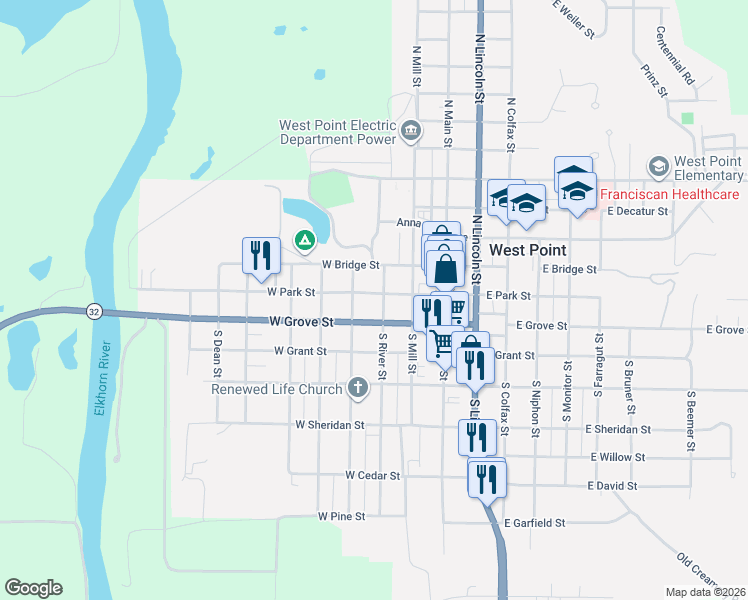 map of restaurants, bars, coffee shops, grocery stores, and more near 346 West Grove Street in West Point