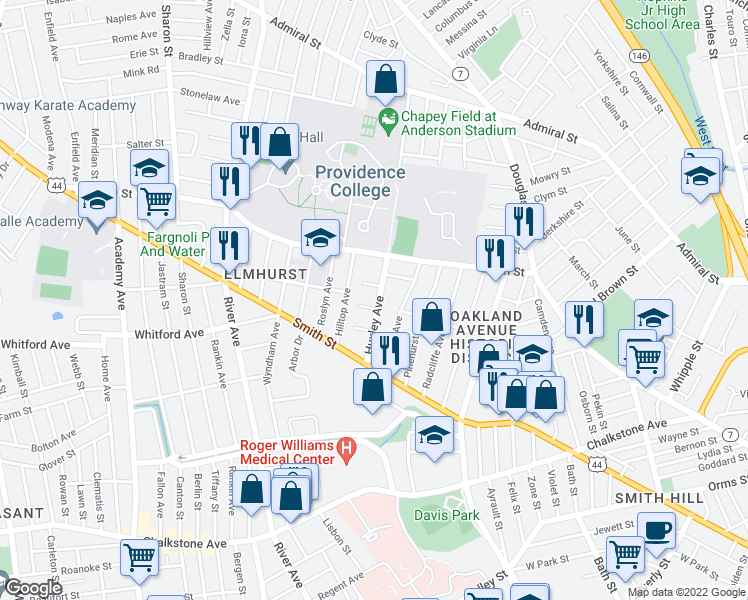 map of restaurants, bars, coffee shops, grocery stores, and more near 68 Huxley Avenue in Providence