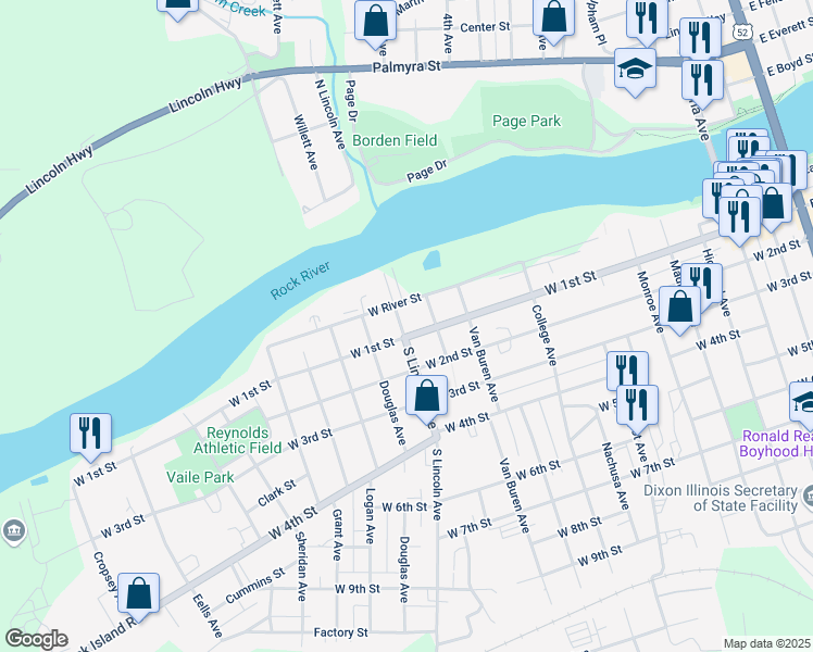 map of restaurants, bars, coffee shops, grocery stores, and more near 1414 West 1st Street in Dixon