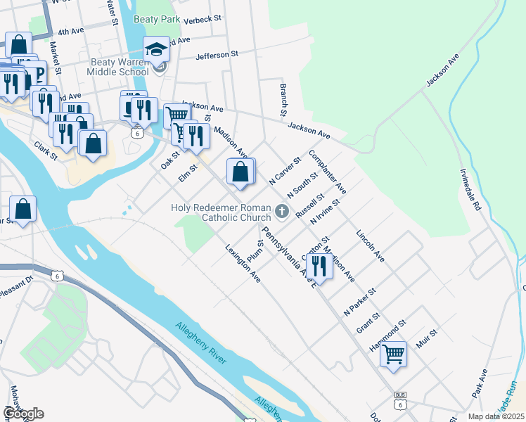 map of restaurants, bars, coffee shops, grocery stores, and more near 713 Pennsylvania Avenue East in Warren