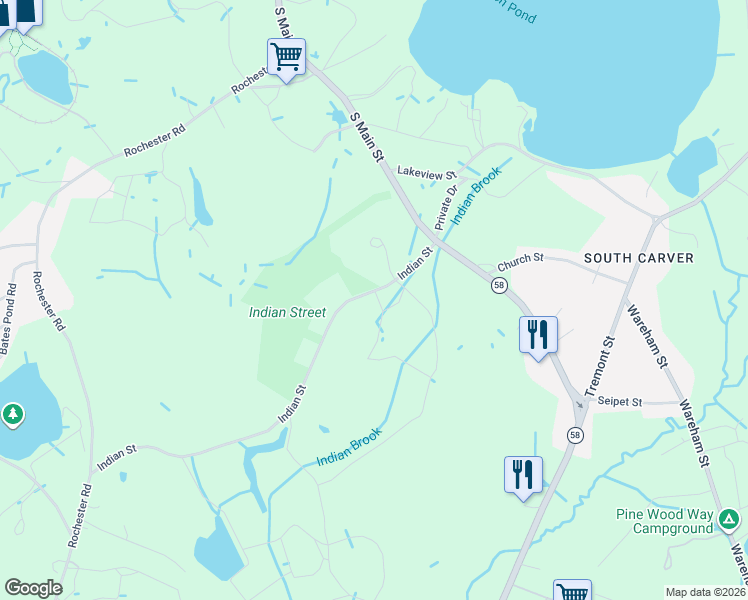map of restaurants, bars, coffee shops, grocery stores, and more near 36 Indian Street in Carver