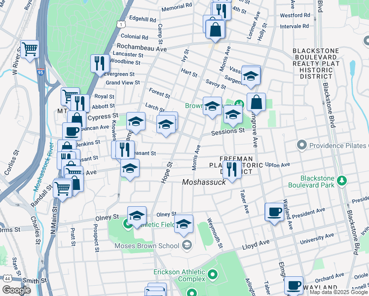 map of restaurants, bars, coffee shops, grocery stores, and more near 25 Phillips Street in Providence
