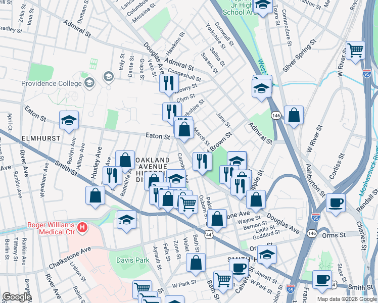 map of restaurants, bars, coffee shops, grocery stores, and more near 162 Camden Avenue in Providence