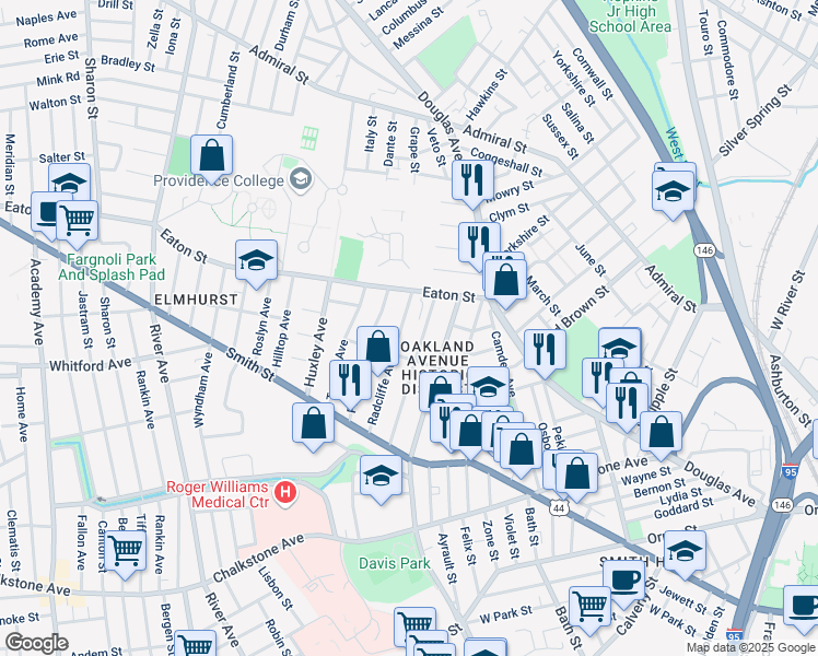 map of restaurants, bars, coffee shops, grocery stores, and more near 107 Pembroke Avenue in Providence
