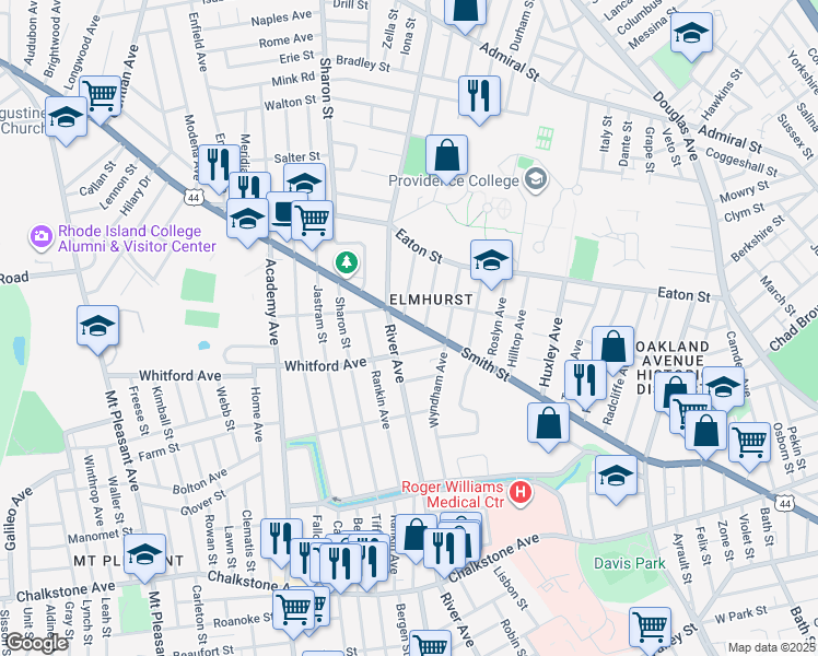 map of restaurants, bars, coffee shops, grocery stores, and more near 16 Whitford Avenue in Providence