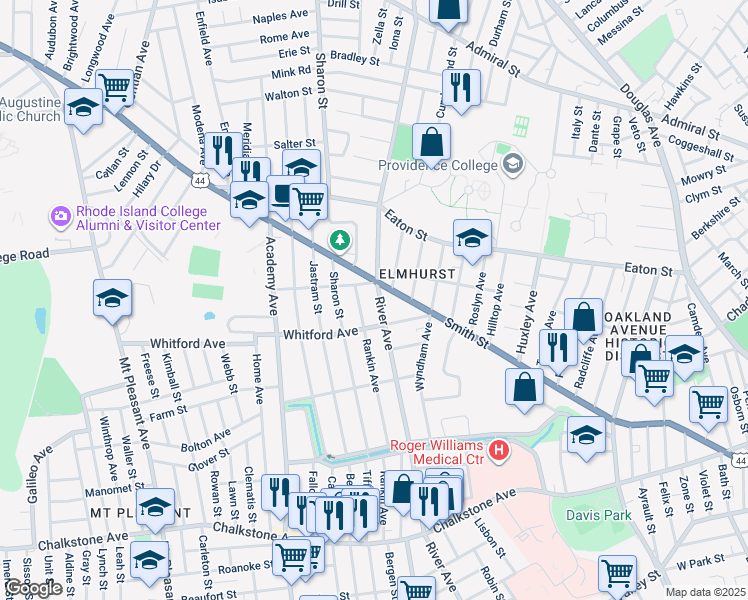 map of restaurants, bars, coffee shops, grocery stores, and more near 430 River Avenue in Providence