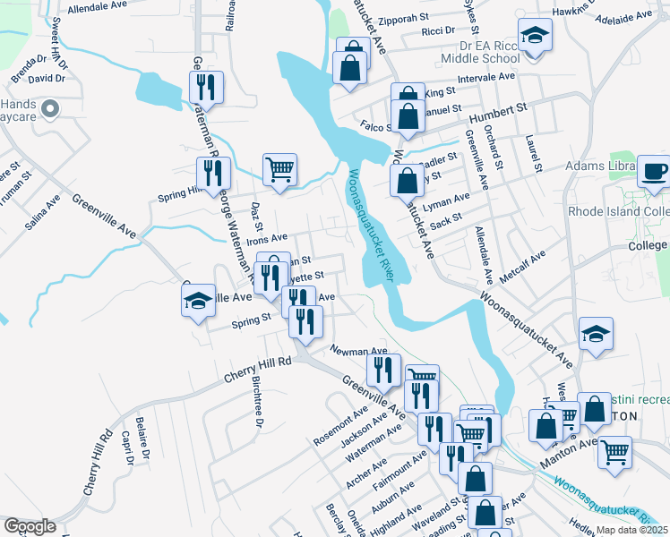 map of restaurants, bars, coffee shops, grocery stores, and more near 5 Tyler Avenue in Johnston
