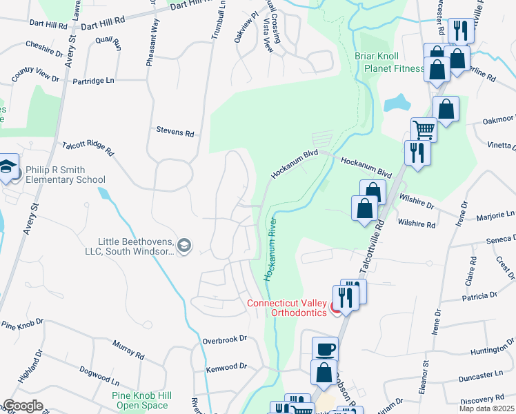 map of restaurants, bars, coffee shops, grocery stores, and more near 75 Hockanum Boulevard in Vernon