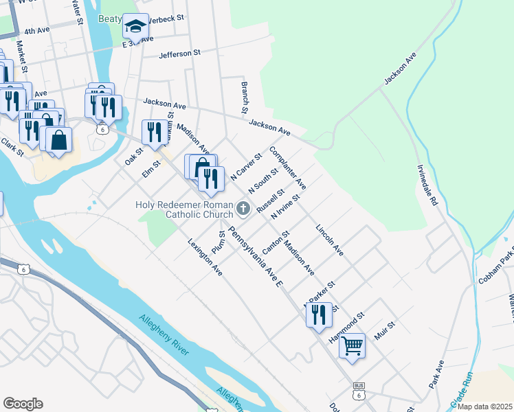 map of restaurants, bars, coffee shops, grocery stores, and more near 20-20 1/2 Russell St in Warren