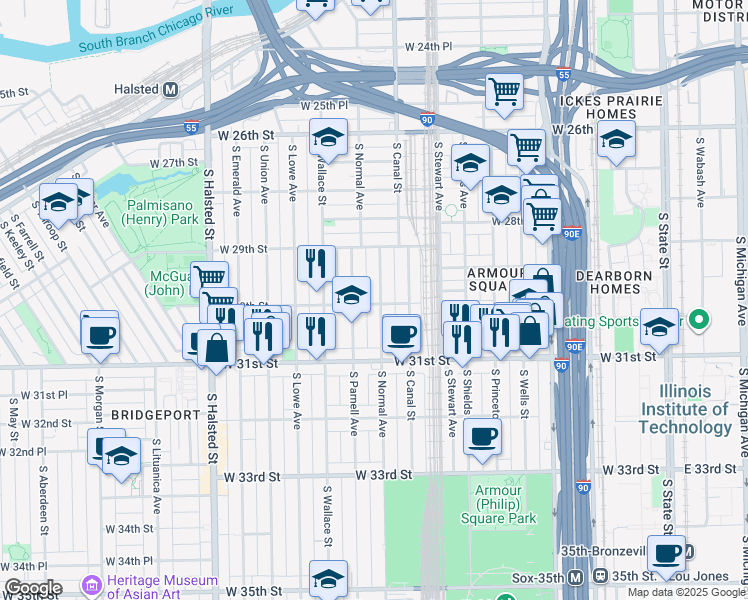 map of restaurants, bars, coffee shops, grocery stores, and more near 3016 South Normal Avenue in Chicago