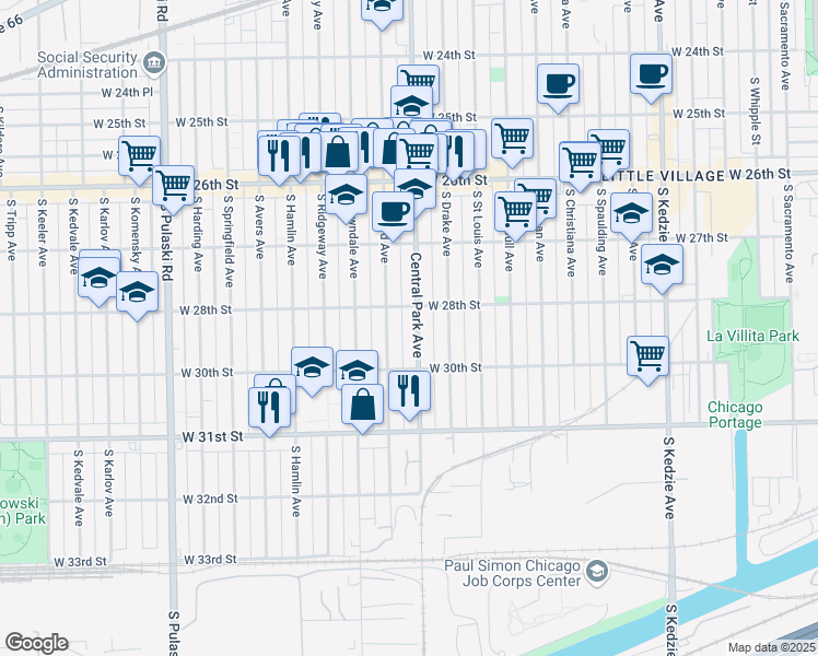 map of restaurants, bars, coffee shops, grocery stores, and more near 2839 South Millard Avenue in Chicago