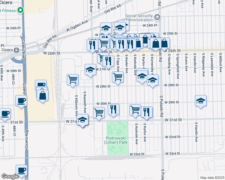 map of restaurants, bars, coffee shops, grocery stores, and more near 2830 South Kildare Avenue in Chicago