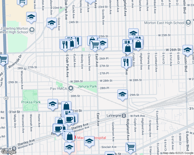 map of restaurants, bars, coffee shops, grocery stores, and more near 6538 28th Street in Berwyn