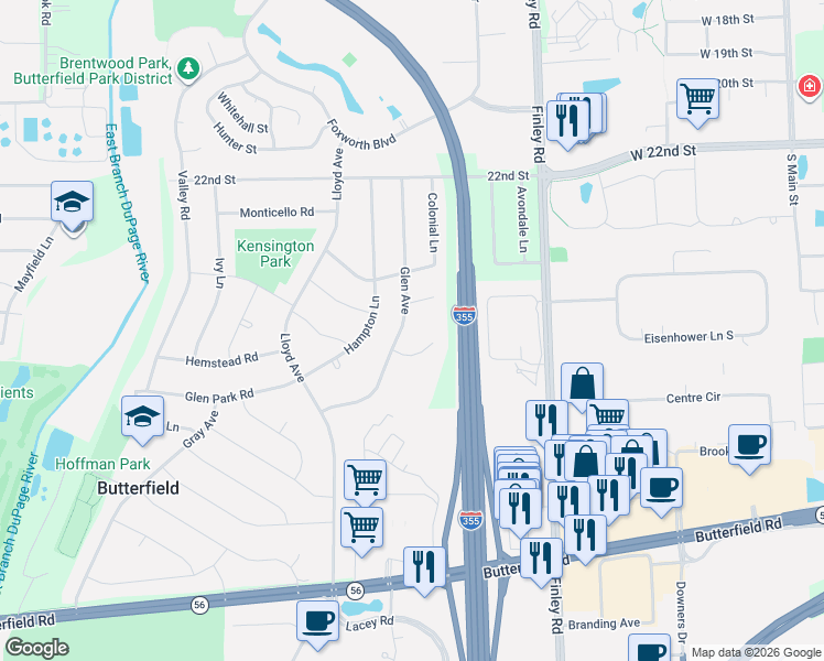 map of restaurants, bars, coffee shops, grocery stores, and more near 2 Glen Avenue in Lombard