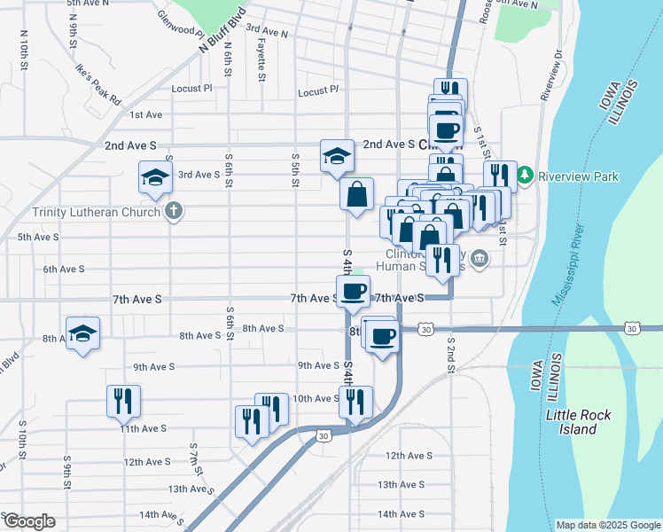 map of restaurants, bars, coffee shops, grocery stores, and more near 1888 South 4th Street in Clinton