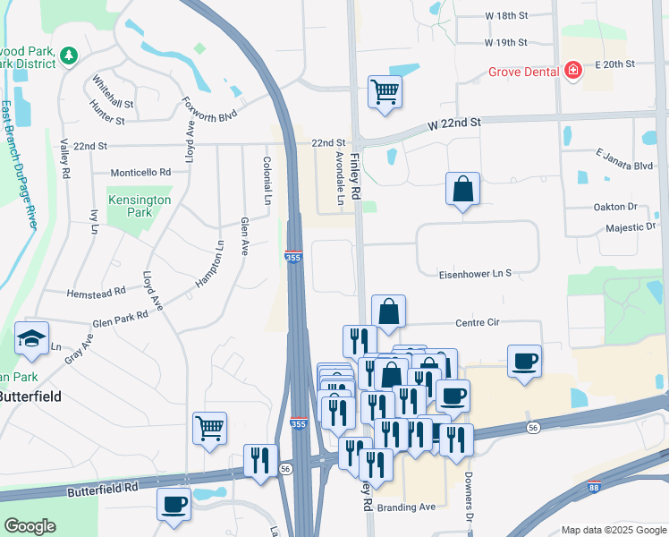 map of restaurants, bars, coffee shops, grocery stores, and more near 2400 South Finley Road in Lombard