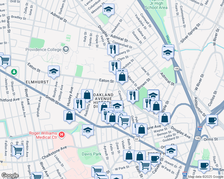 map of restaurants, bars, coffee shops, grocery stores, and more near 42 Malbone Street in Providence