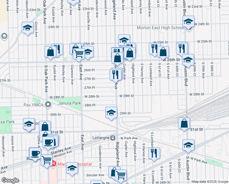 map of restaurants, bars, coffee shops, grocery stores, and more near 2738 Ridgeland Avenue in Berwyn