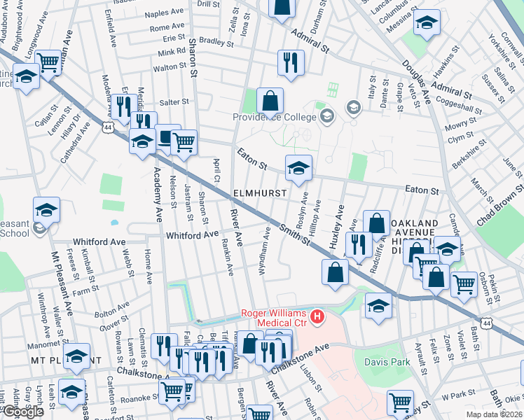 map of restaurants, bars, coffee shops, grocery stores, and more near 843 Smith Street in Providence