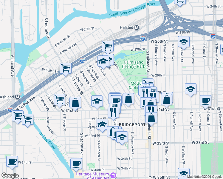 map of restaurants, bars, coffee shops, grocery stores, and more near 3004 South Throop Street in Chicago