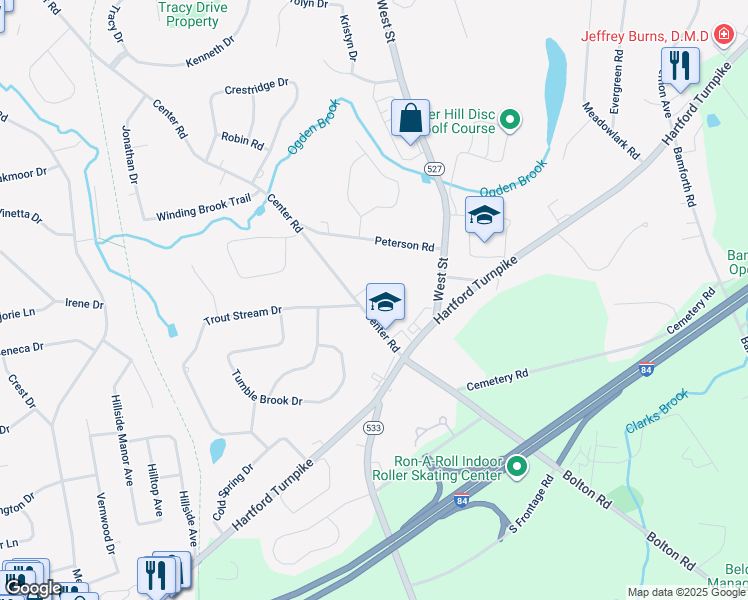map of restaurants, bars, coffee shops, grocery stores, and more near 20 Center Road in Vernon