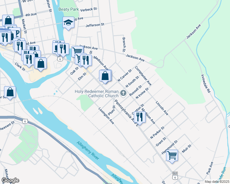 map of restaurants, bars, coffee shops, grocery stores, and more near 713 Pennsylvania Avenue East in Warren