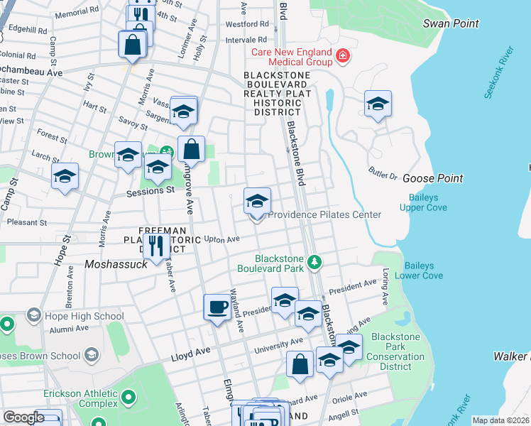 map of restaurants, bars, coffee shops, grocery stores, and more near in Providence