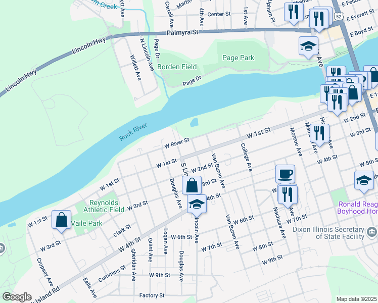 map of restaurants, bars, coffee shops, grocery stores, and more near 1306 West 1st Street in Dixon