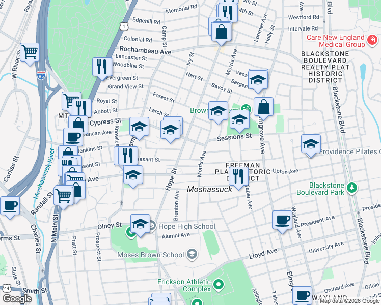 map of restaurants, bars, coffee shops, grocery stores, and more near 25 Phillips Street in Providence