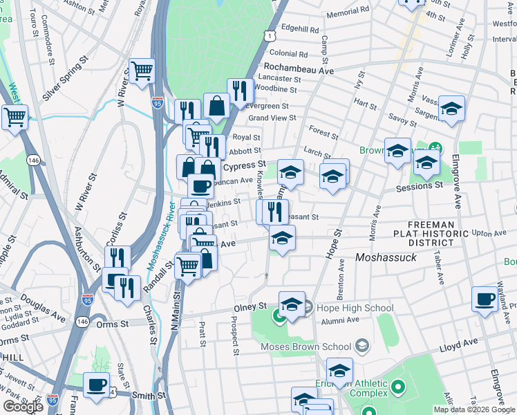 map of restaurants, bars, coffee shops, grocery stores, and more near 127 Pleasant Street in Providence