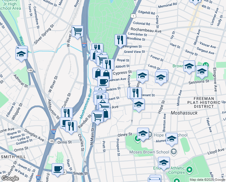 map of restaurants, bars, coffee shops, grocery stores, and more near 44 Pleasant Street in Providence