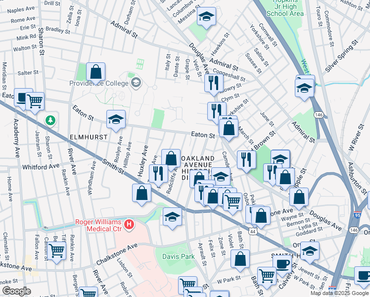 map of restaurants, bars, coffee shops, grocery stores, and more near 107 Pembroke Avenue in Providence