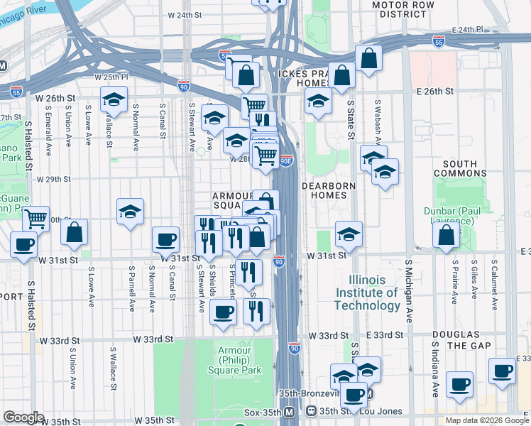 map of restaurants, bars, coffee shops, grocery stores, and more near 2714 South Wentworth Avenue in Chicago