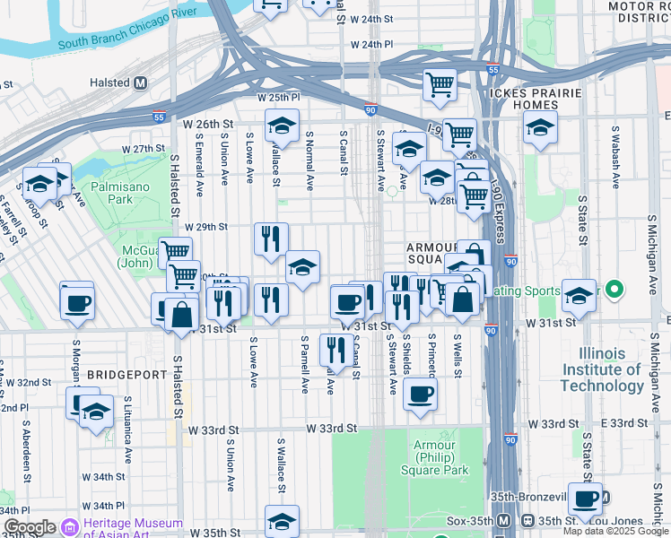map of restaurants, bars, coffee shops, grocery stores, and more near 3016 South Normal Avenue in Chicago