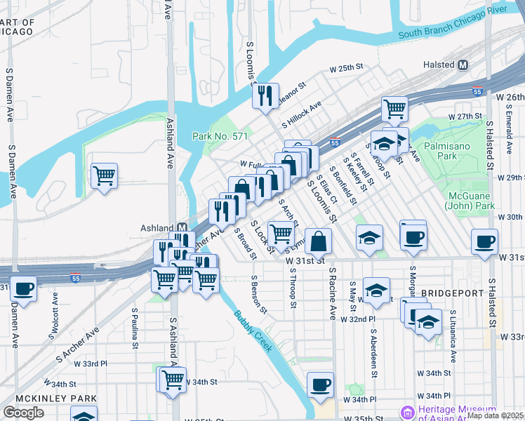 map of restaurants, bars, coffee shops, grocery stores, and more near 2987 South Bonaparte Street in Chicago