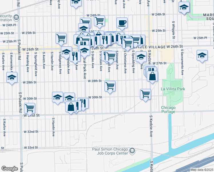 map of restaurants, bars, coffee shops, grocery stores, and more near 2842 South Trumbull Avenue in Chicago