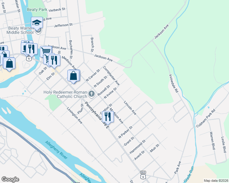 map of restaurants, bars, coffee shops, grocery stores, and more near 110 North Irvine Street in Warren