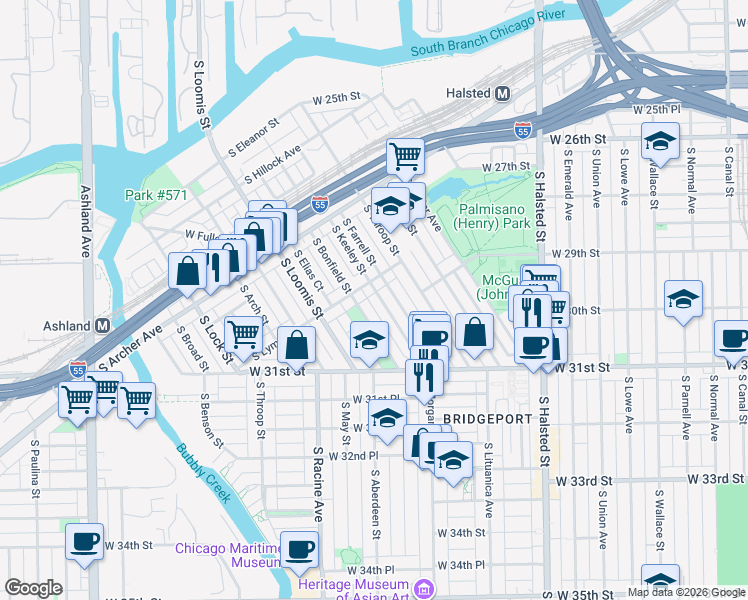 map of restaurants, bars, coffee shops, grocery stores, and more near 3035 South Bonfield Street in Chicago