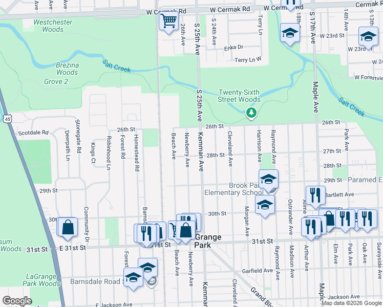 map of restaurants, bars, coffee shops, grocery stores, and more near 1433 Newberry Avenue in La Grange Park