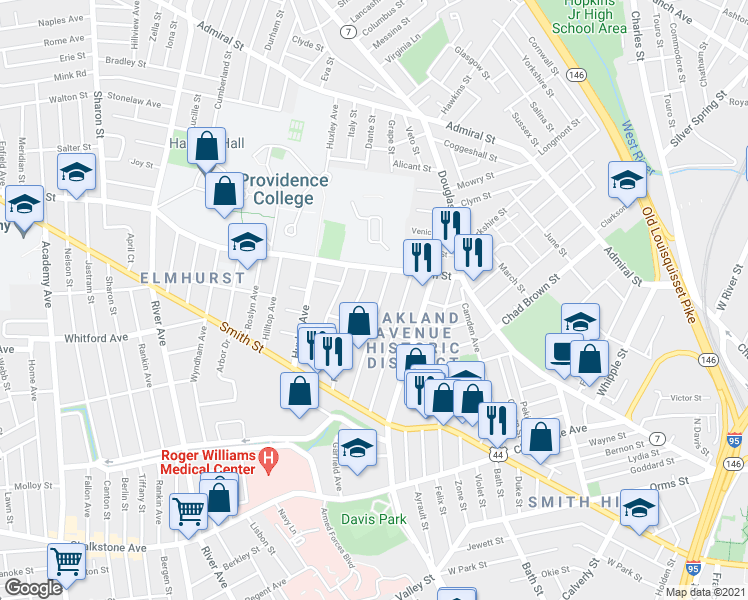 map of restaurants, bars, coffee shops, grocery stores, and more near 118 Radcliffe Avenue in Providence