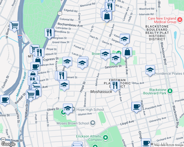 map of restaurants, bars, coffee shops, grocery stores, and more near 25 Phillips Street in Providence